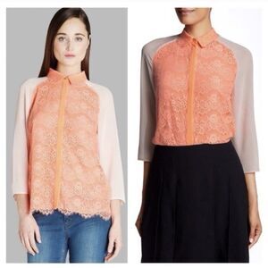 Ted Baker Abra Lace Blouse Top Neon Orange And Beige Ted Size 0 US Size 2